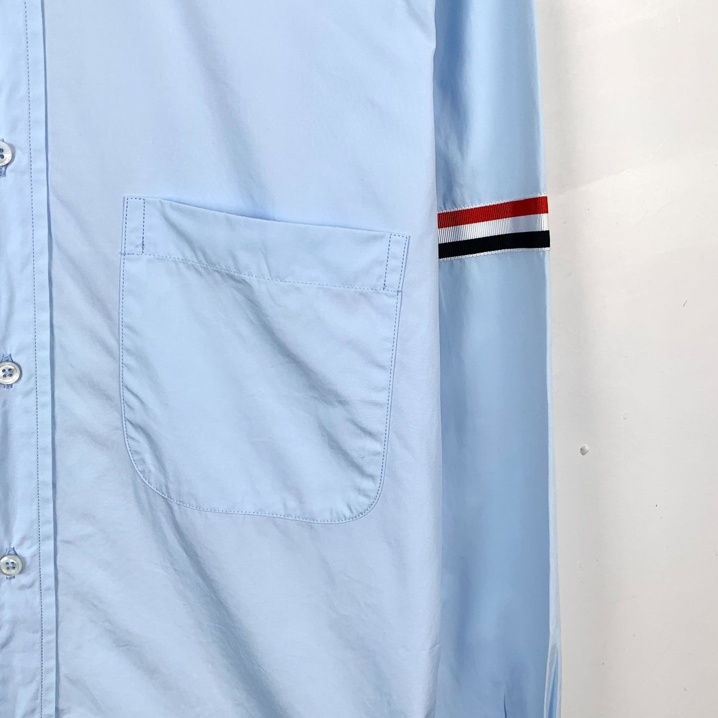 Thom Browne Mist Blue Cotton Double-Sleeve Logo Long-Sleeve Shirt (Size L)