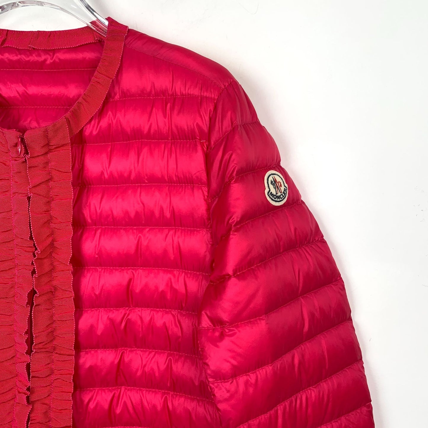 Moncler Florette Red Logo Embellished Zip-Up Down Jacket (Size L)