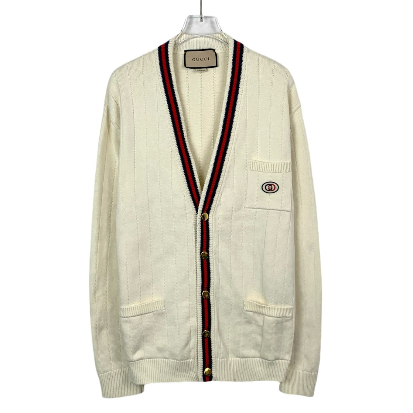 Gucci Mens Beige Cotton Cardigan V-Neck Logo Long-Sleeved Knitwear S Size Made In Italy