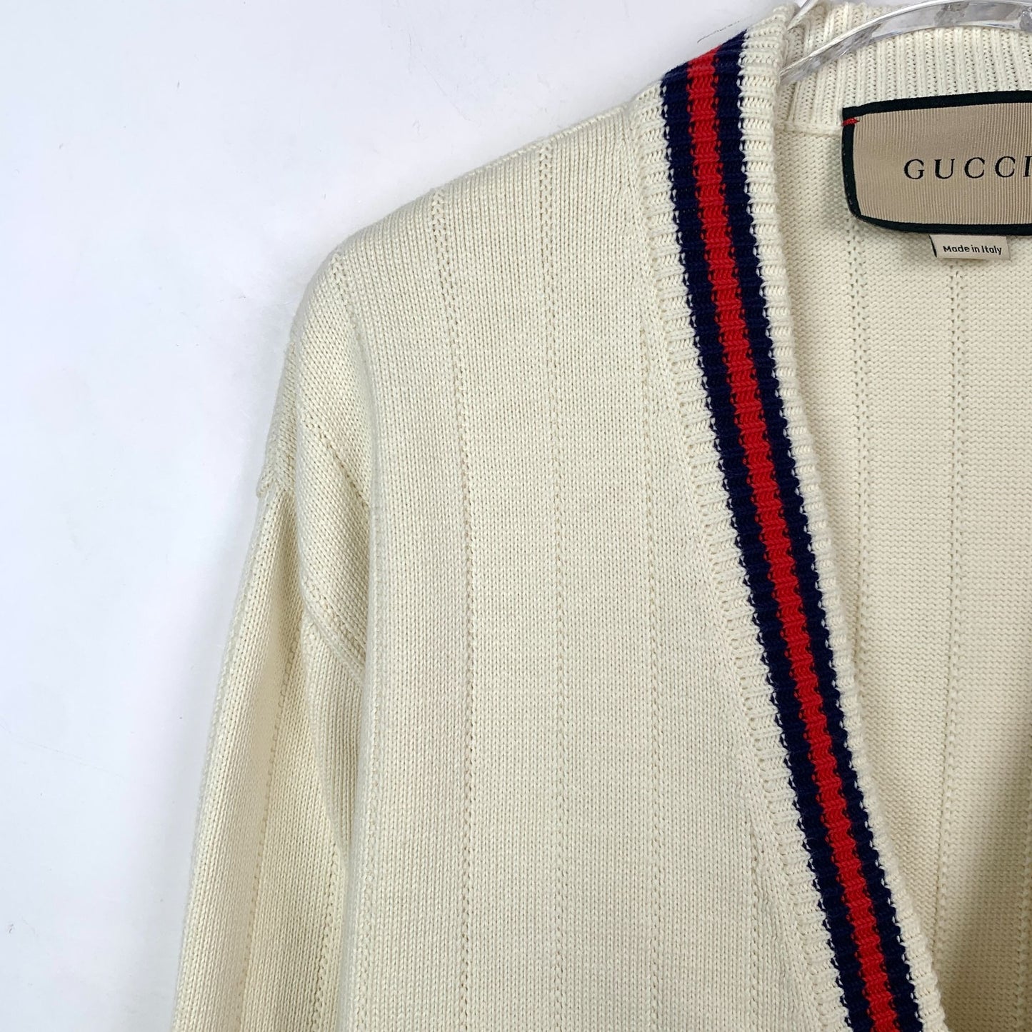 Gucci Mens Beige Cotton Cardigan V-Neck Logo Long-Sleeved Knitwear S Size Made In Italy