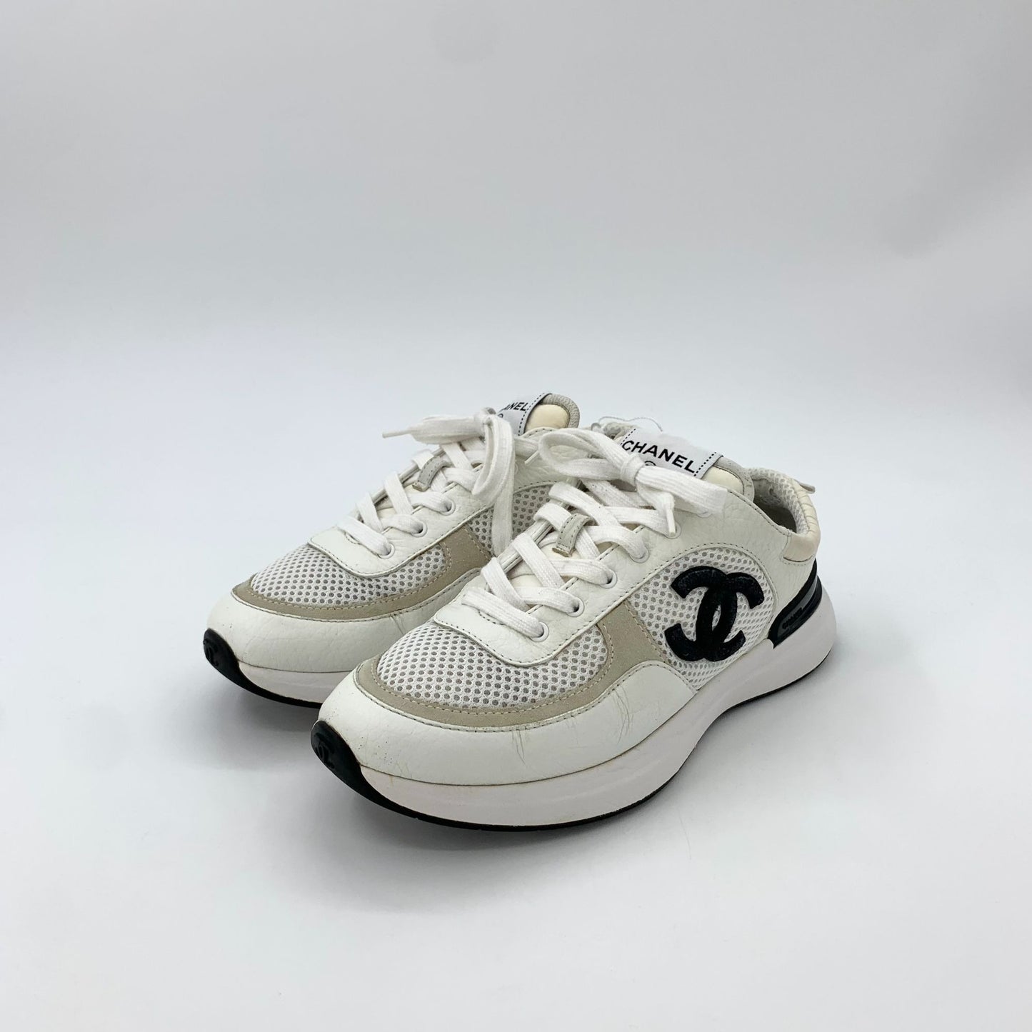 Chanel White Logo Mesh & Leather Sneakers (Size 38)