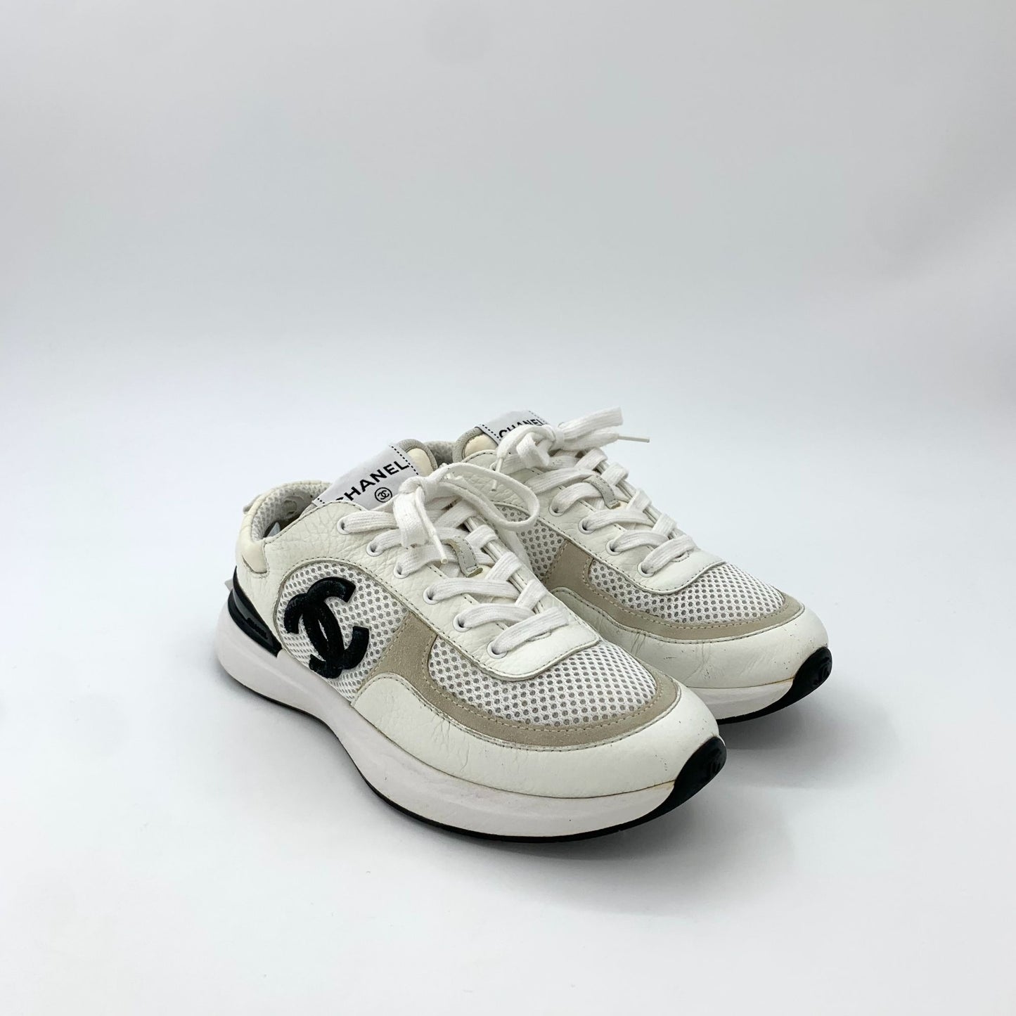 Chanel White Logo Mesh & Leather Sneakers (Size 38)