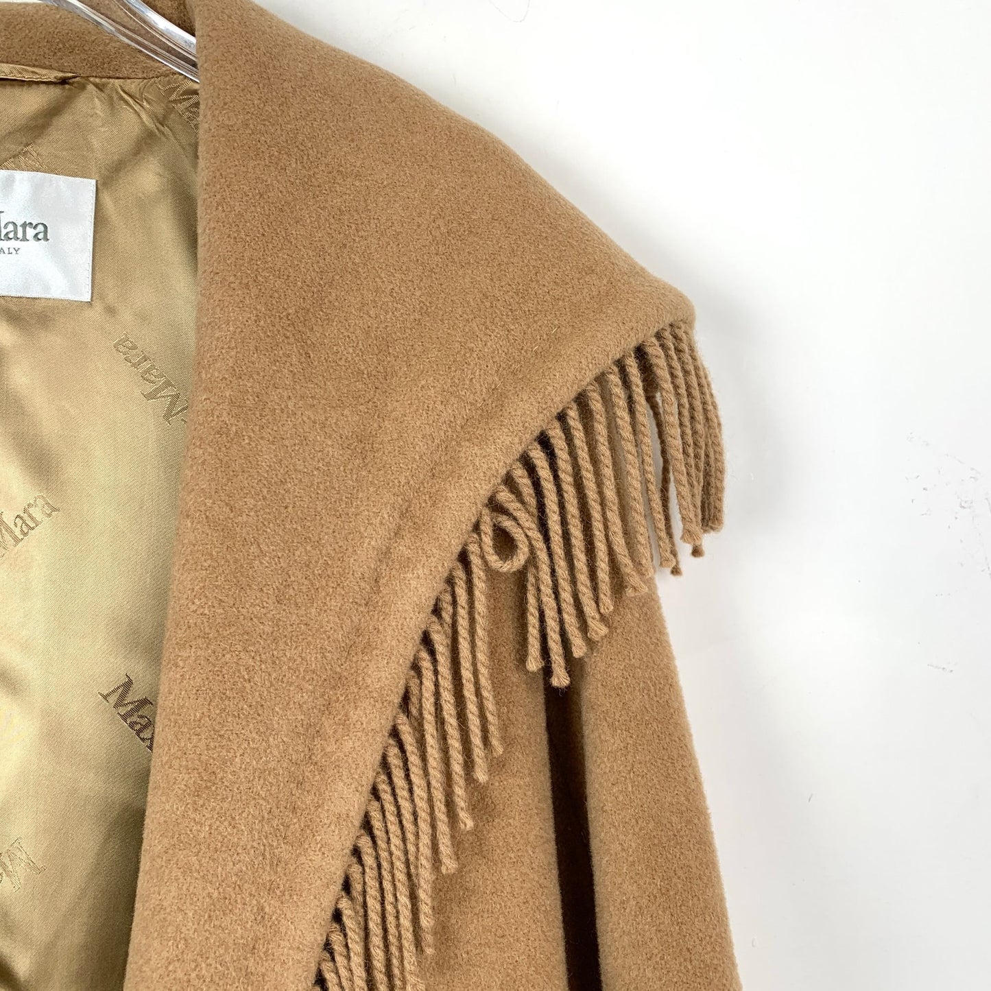 Maxmara Womens Camel Wool Fringe Belted Coat Size 36 XS