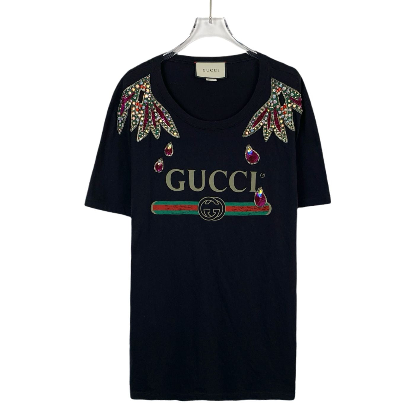 Gucci Black Logo Beaded Cotton Crewneck T-Shirt (Size M)