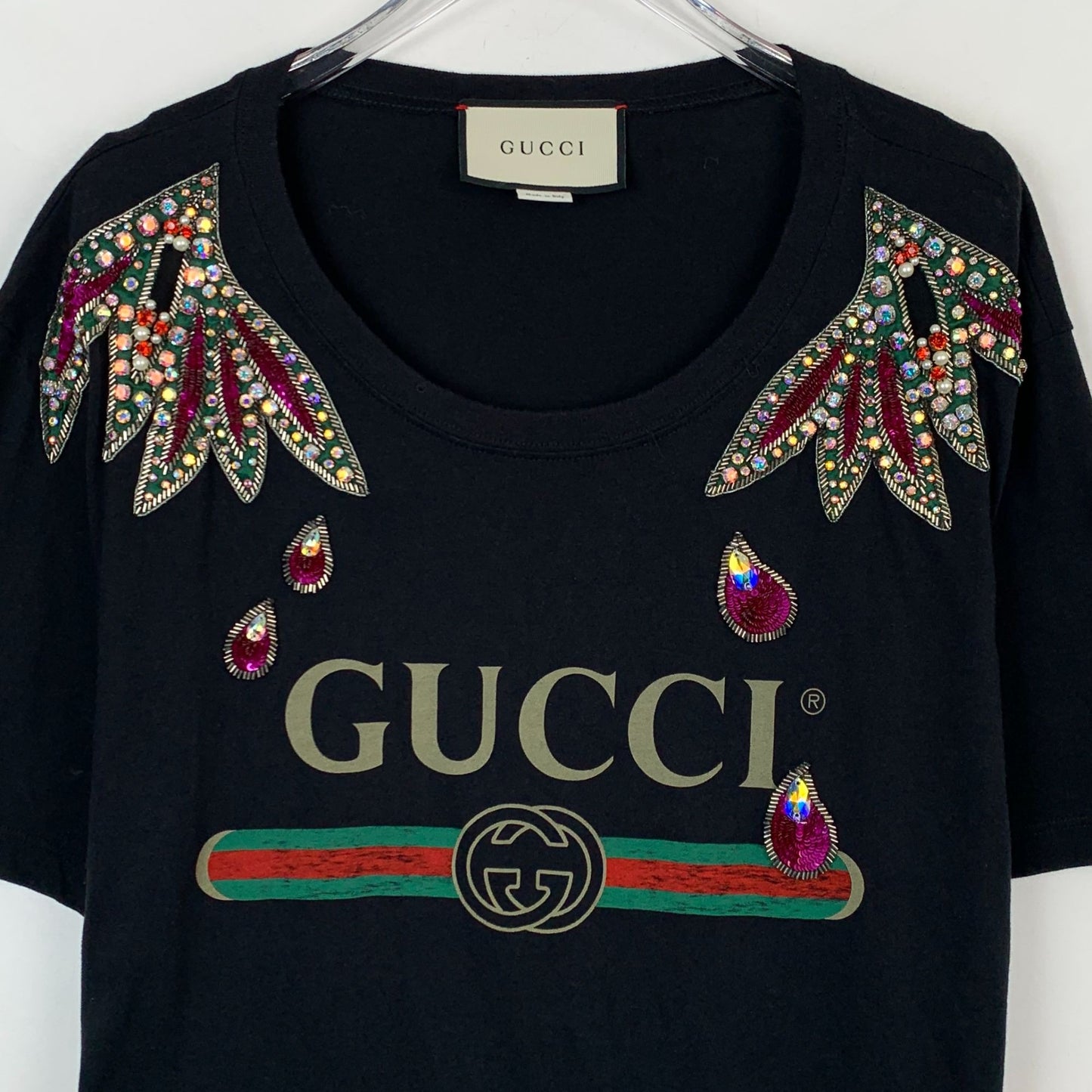 Gucci Black Logo Beaded Cotton Crewneck T-Shirt (Size M)