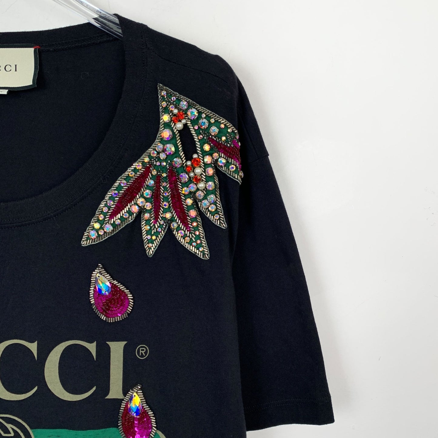 Gucci Black Logo Beaded Cotton Crewneck T-Shirt (Size M)