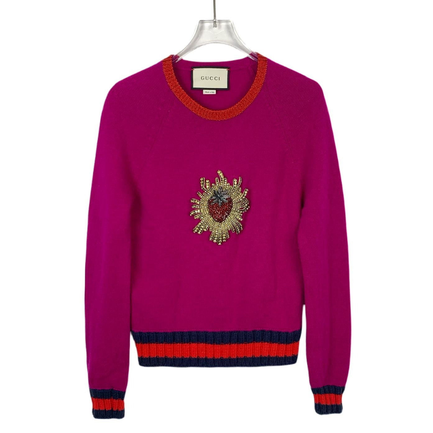 Gucci Pink Strawberry Embellished Crewneck Wool Sweater (Size XS)