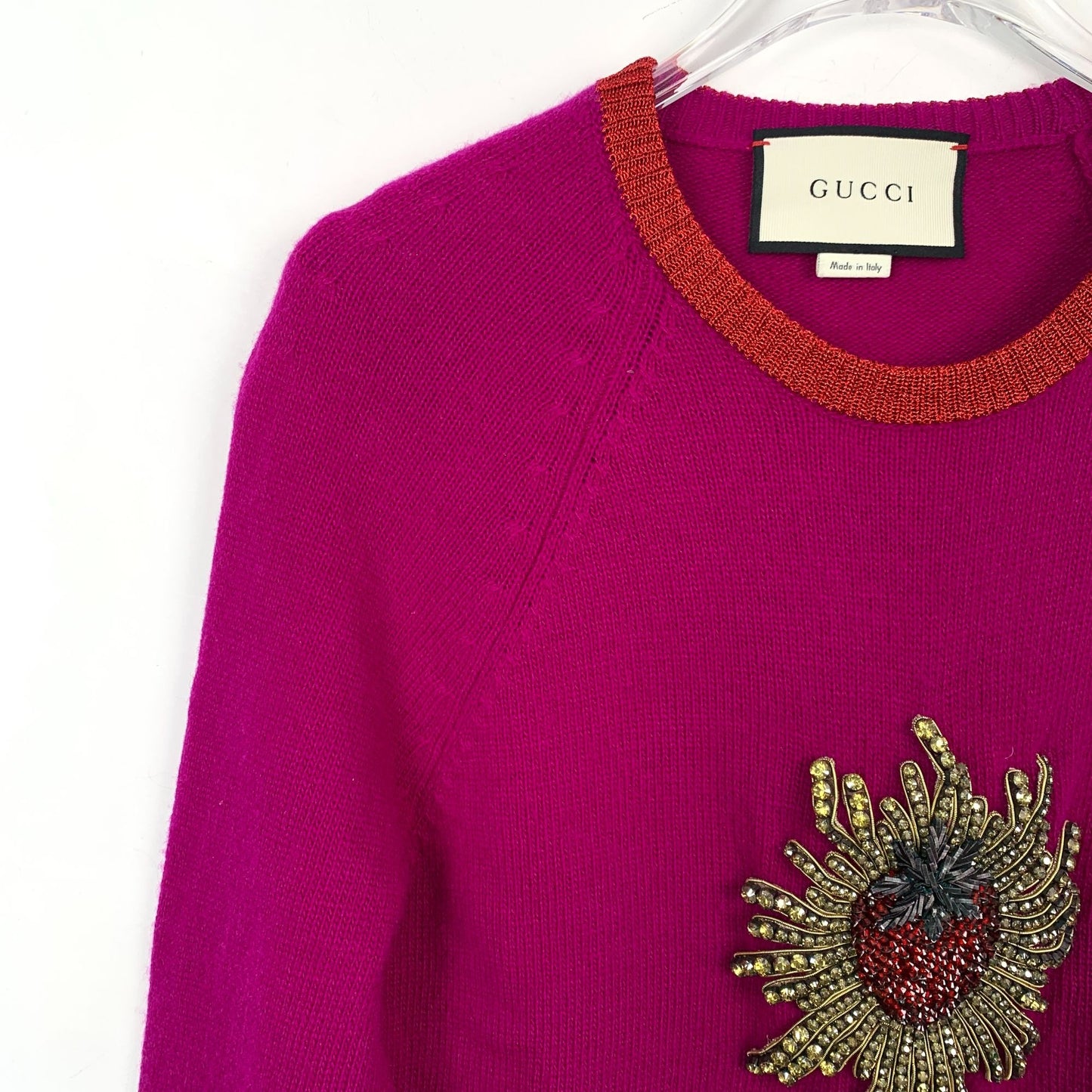 Gucci Pink Strawberry Embellished Crewneck Wool Sweater (Size XS)