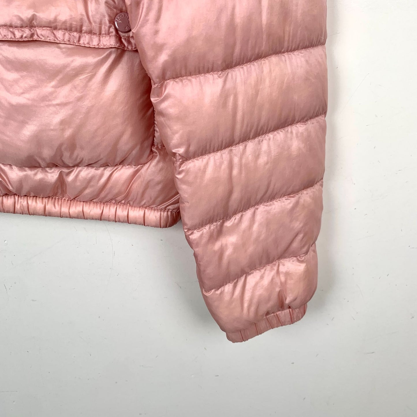 Moncler Womens Pink Puffer Jacket Size 2 M Down Insulated Quilted Coat With Logo Badge