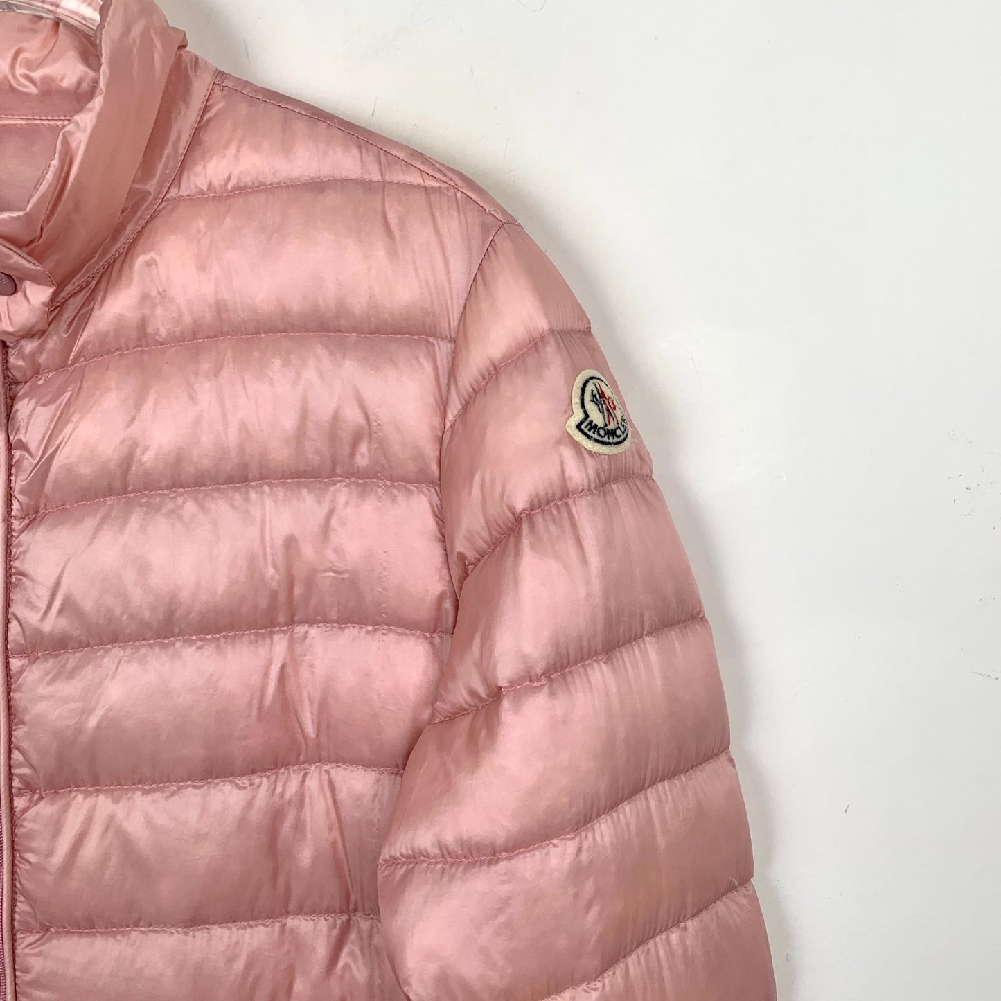 Moncler Womens Pink Puffer Jacket Size 2 M Down Insulated Quilted Coat With Logo Badge