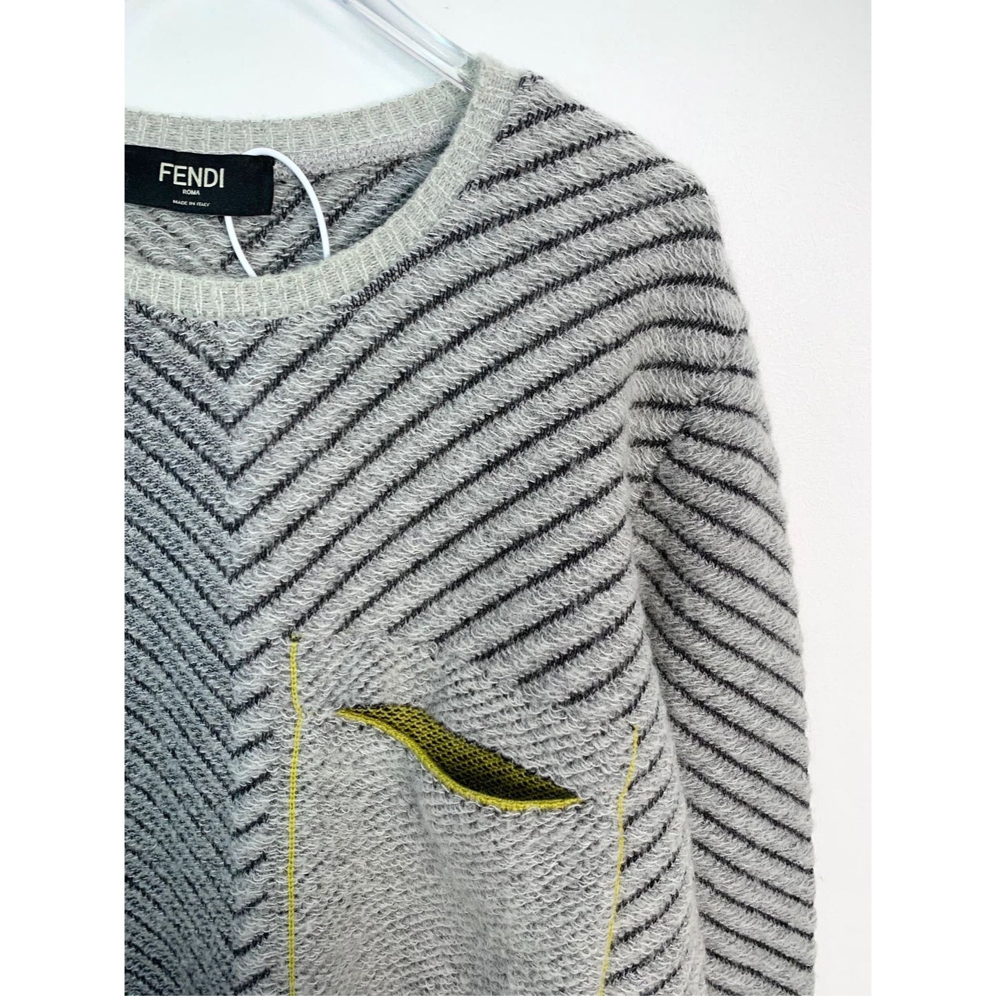 Fendi Mens Crew-Neck Wool Knit Sweater Size 44 With Pocket & Yellow Trim