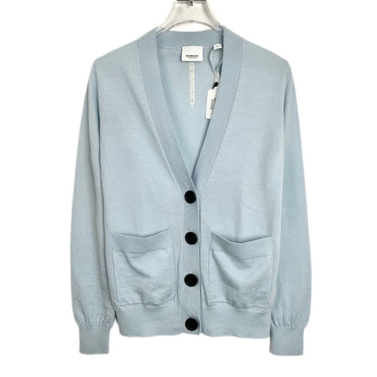 Burberry Light Blue V-Neck Wool Knit Cardigan With Pockets & Button Closure