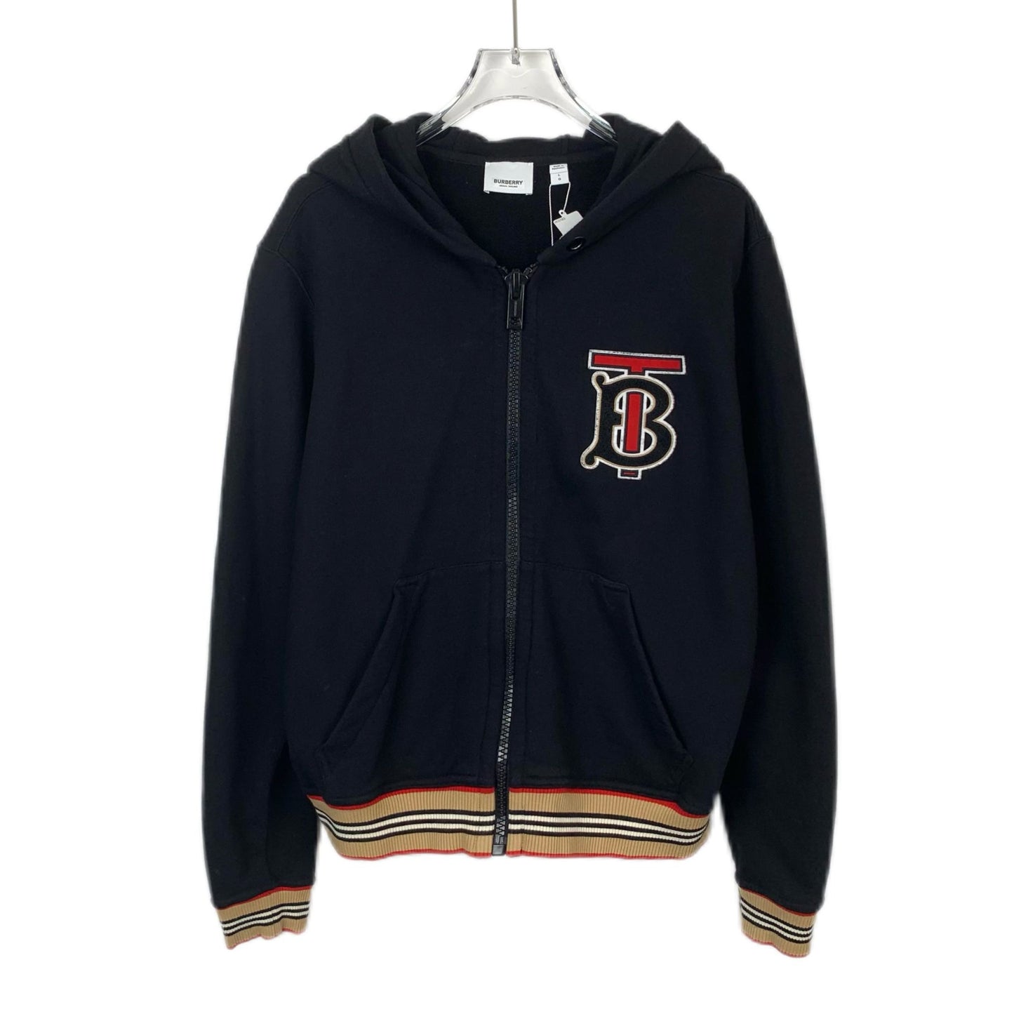 Burberry Black TB Logo Cotton Hooded Zip-Up Sweatshirt (Size L)