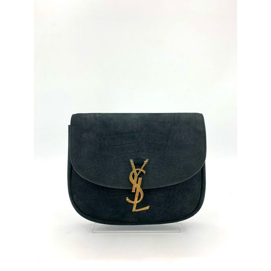 Saint Laurent Suede Embossed Shoulder Crossbody Bag Black Gold Logo With Dust Bag