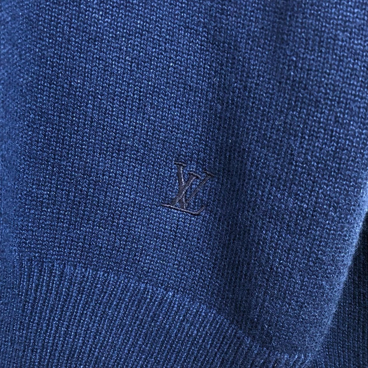 Louis Vuitton Mens Navy V-Neck Knit Sweater Medium Wool Monogram Embroidery Italy-Made New