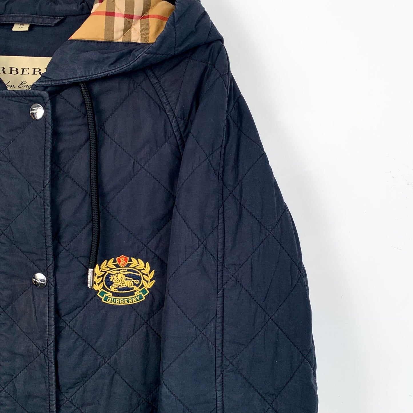 Burberry Navy Diamond Check Logo Embroidered Hooded Cotton Jacket (Size XS)