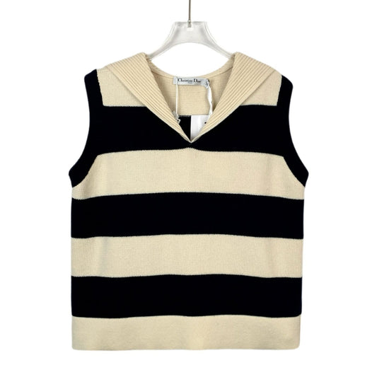 Christian Dior Womens Striped Wool Cashmere Sleeveless Sweater Vest Size 40 M Beige & Navy New With Tags