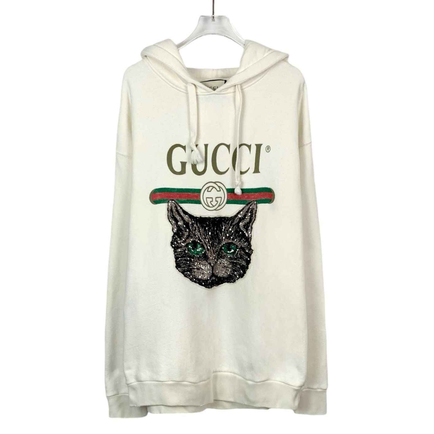 Gucci Beige Hooded Drawstring Hoodie With Sequin Cat Logo Design M