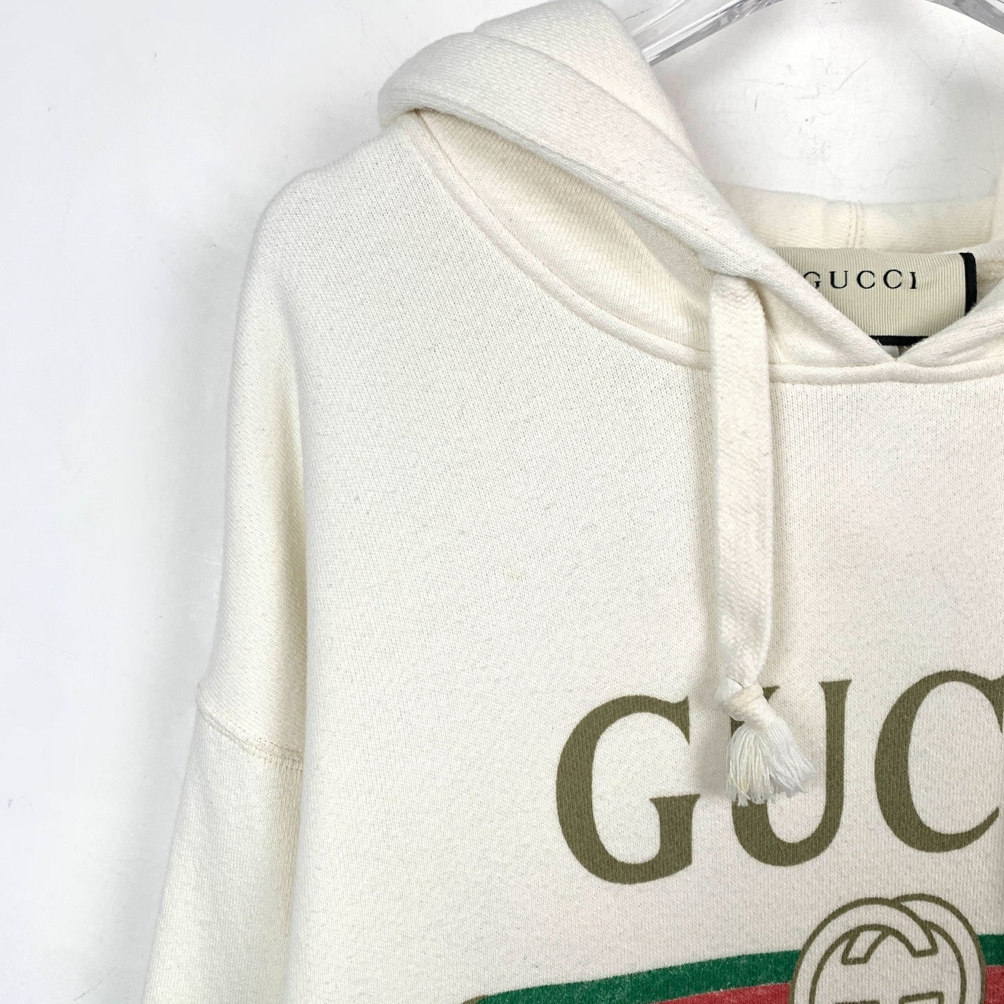 Gucci Beige Hooded Drawstring Hoodie With Sequin Cat Logo Design M