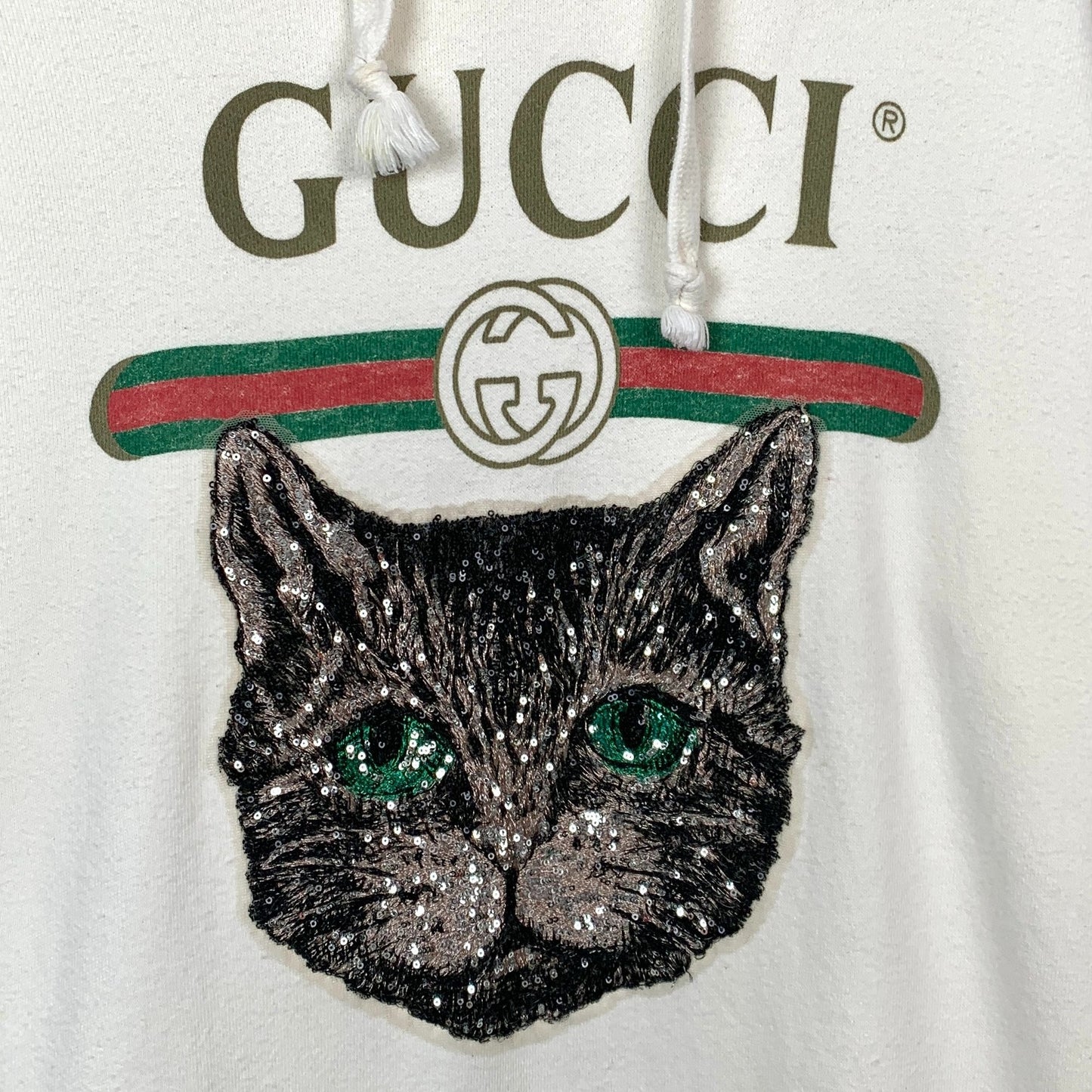 Gucci Beige Hooded Drawstring Hoodie With Sequin Cat Logo Design M