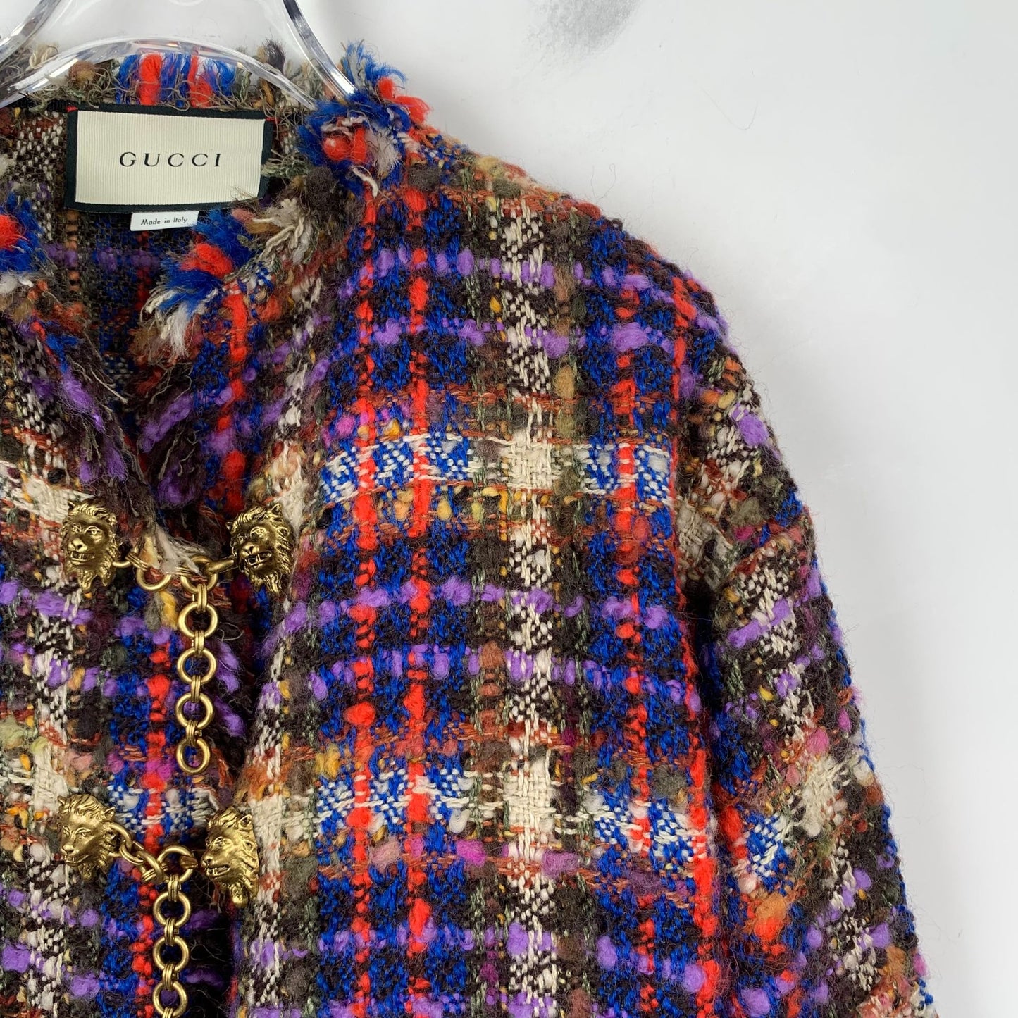 Gucci Multicolor Tweed Wool Coat With Chain Closure