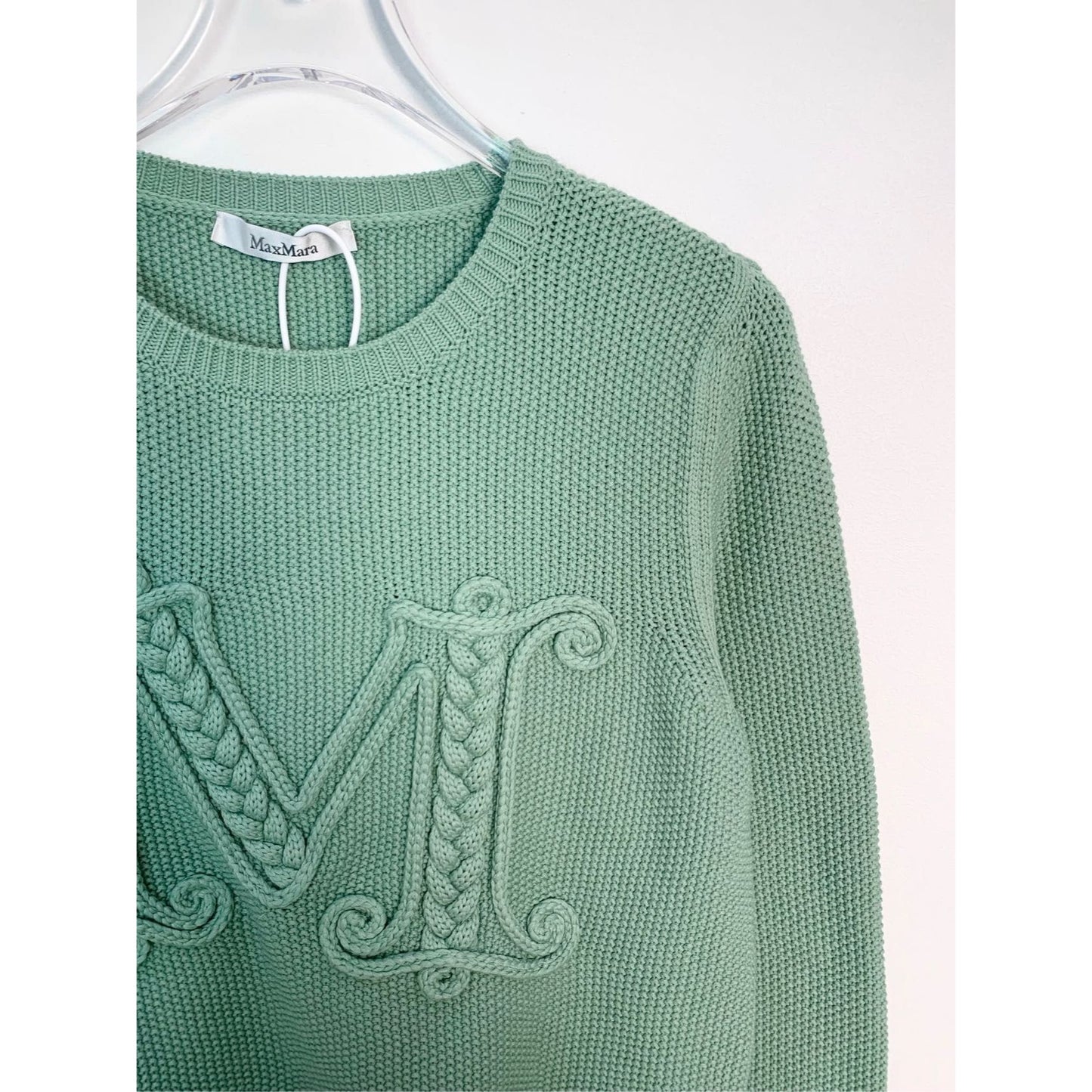 MaxMara Light Green Knit Sweater With Embroidered "M" Logo Size S Cotton/Polyamide Blend