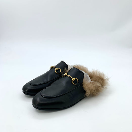 Gucci Horsebit Fur-Lined Leather Mules Size 36 Made In Italy Black & Brown