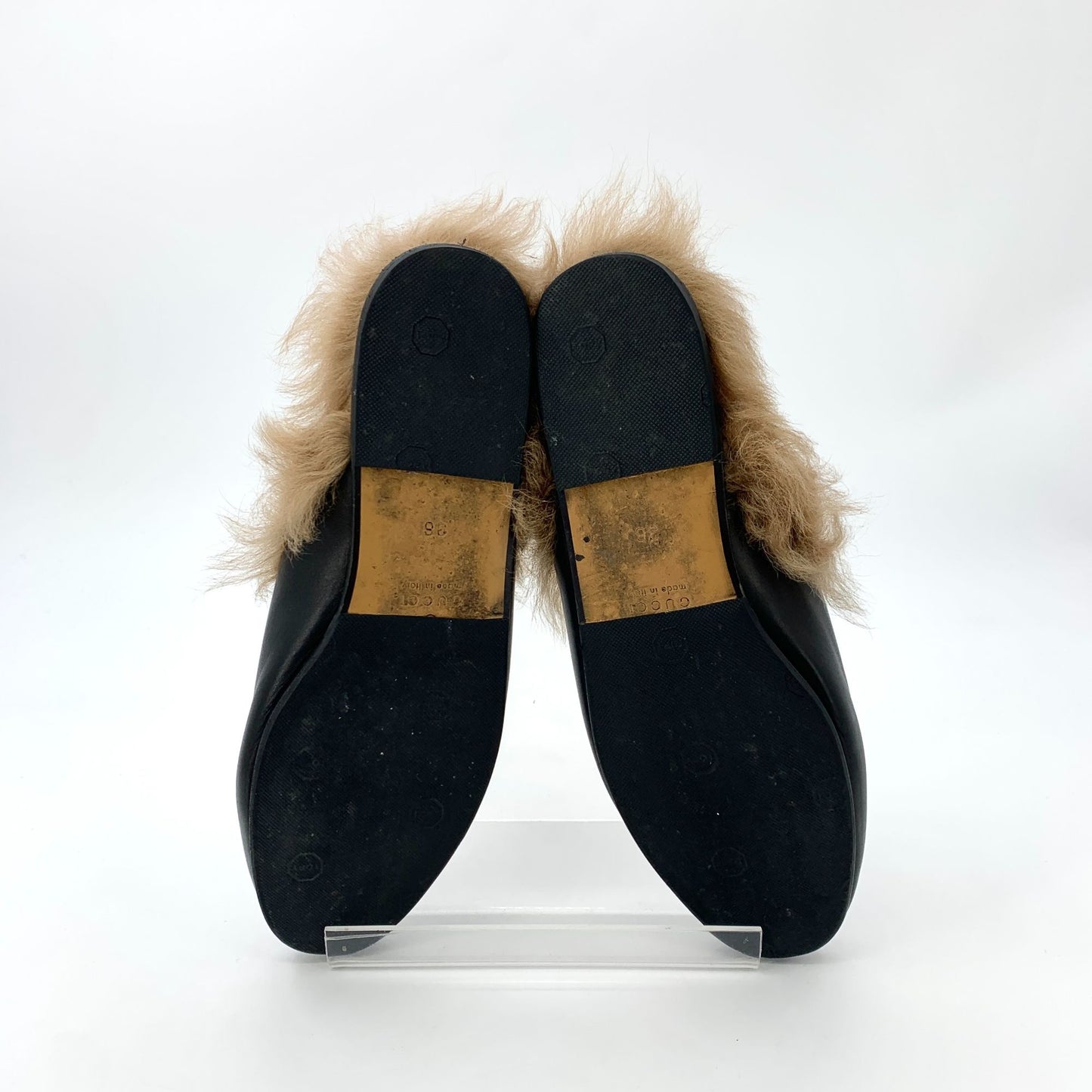 Gucci Horsebit Fur-Lined Leather Mules Size 36 Made In Italy Black & Brown