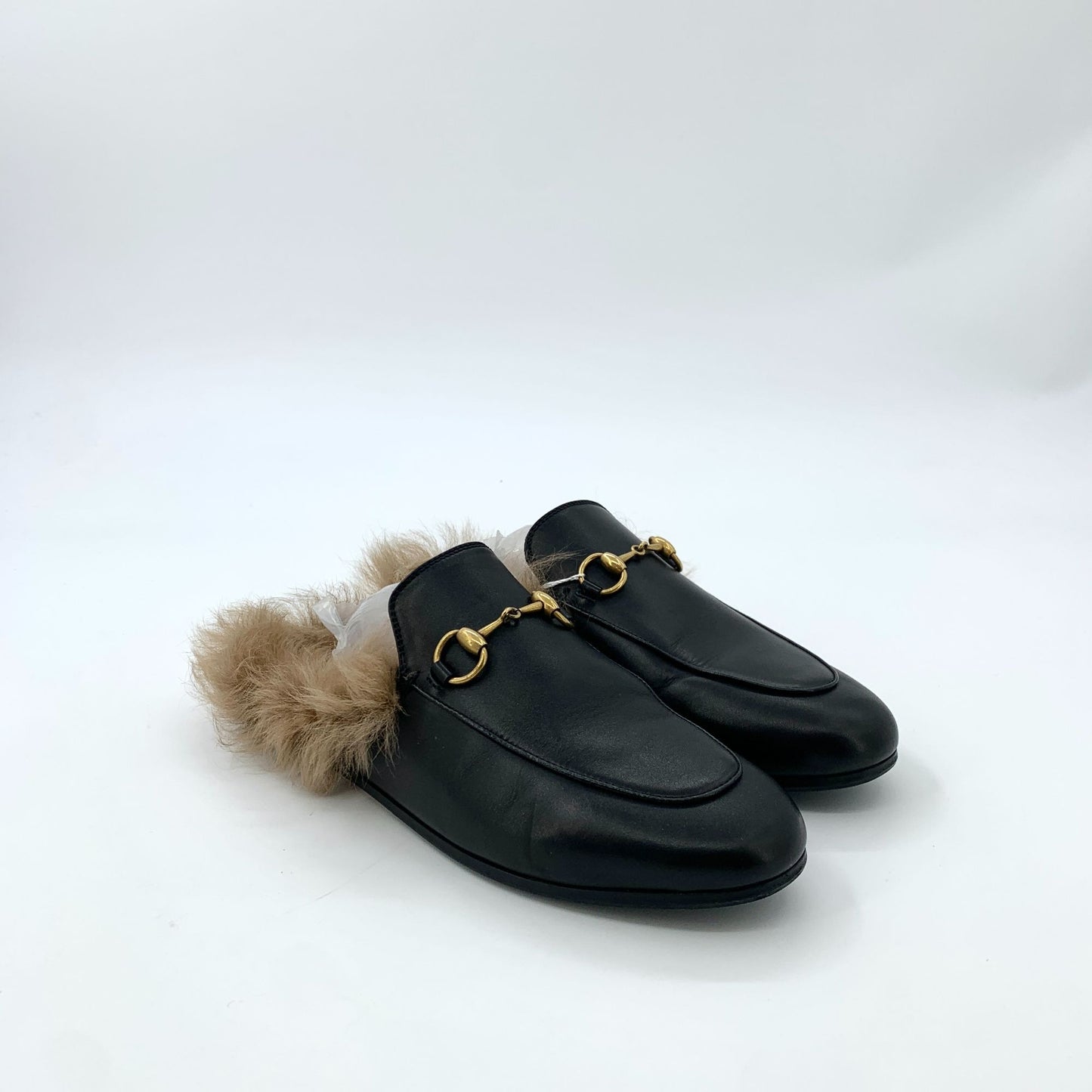 Gucci Horsebit Fur-Lined Leather Mules Size 36 Made In Italy Black & Brown