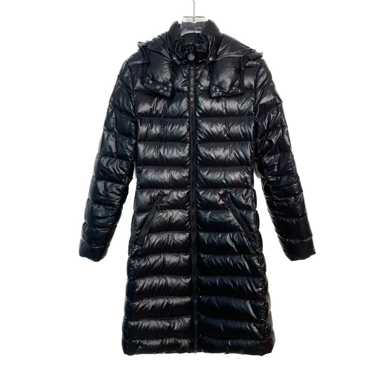 Moncler Womens Moka Long Hooded Down Jacket Quilted Puffer Style Size 00 Black Slim Fit Zipper Closure