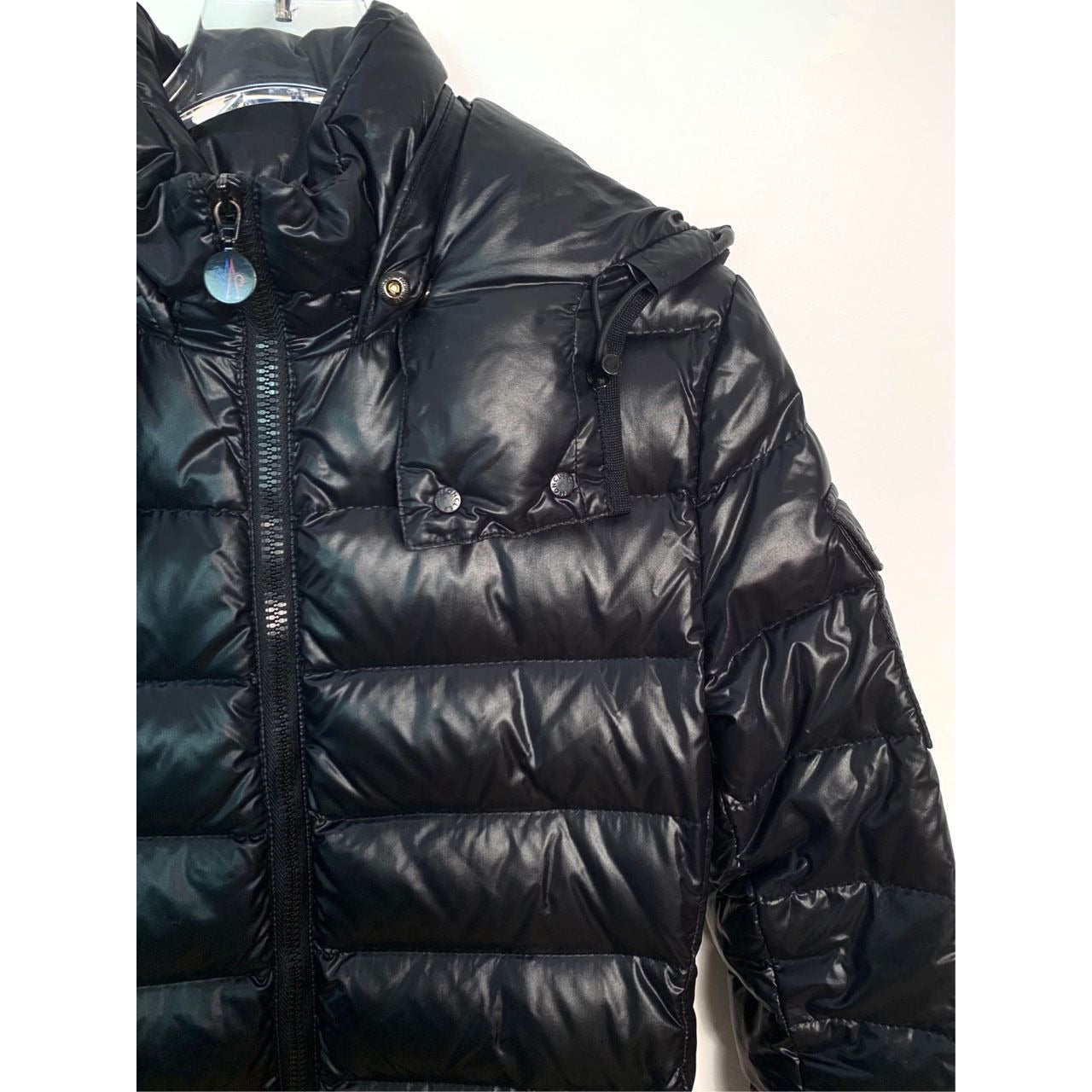 Moncler Womens Moka Long Hooded Down Jacket Quilted Puffer Style Size 00 Black Slim Fit Zipper Closure