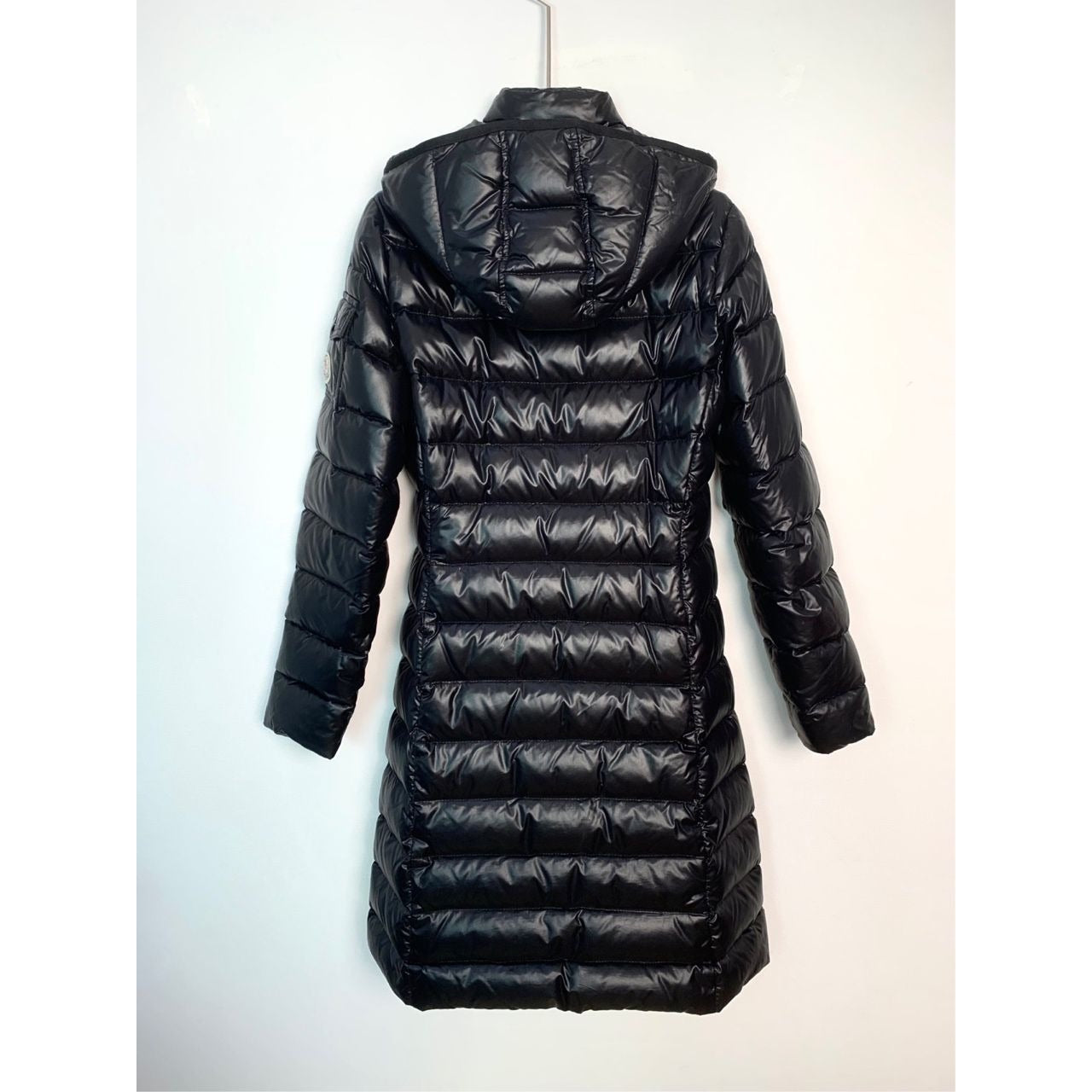 Moncler Womens Moka Long Hooded Down Jacket Quilted Puffer Style Size 00 Black Slim Fit Zipper Closure