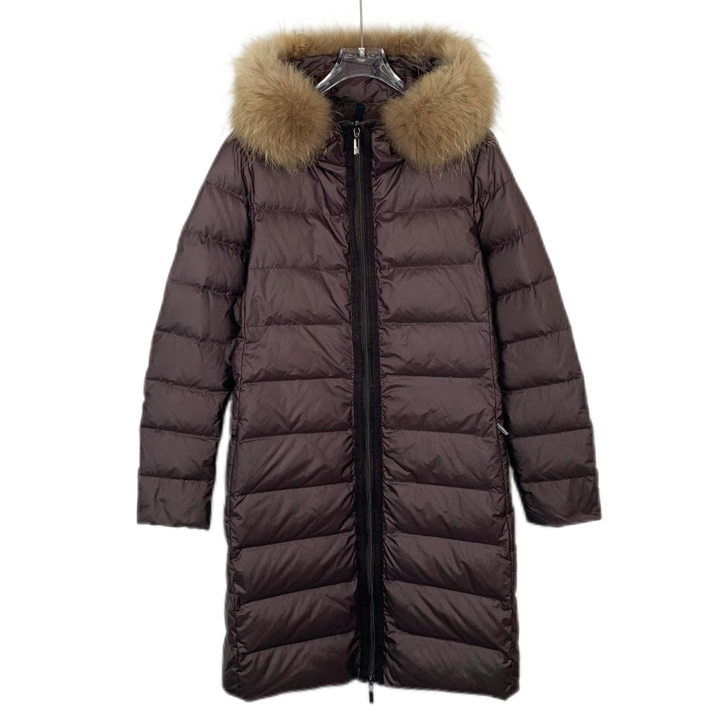 Moncler Dark Brown Hooded Down Jacket With Fur Trim & Zipper Closure Size M