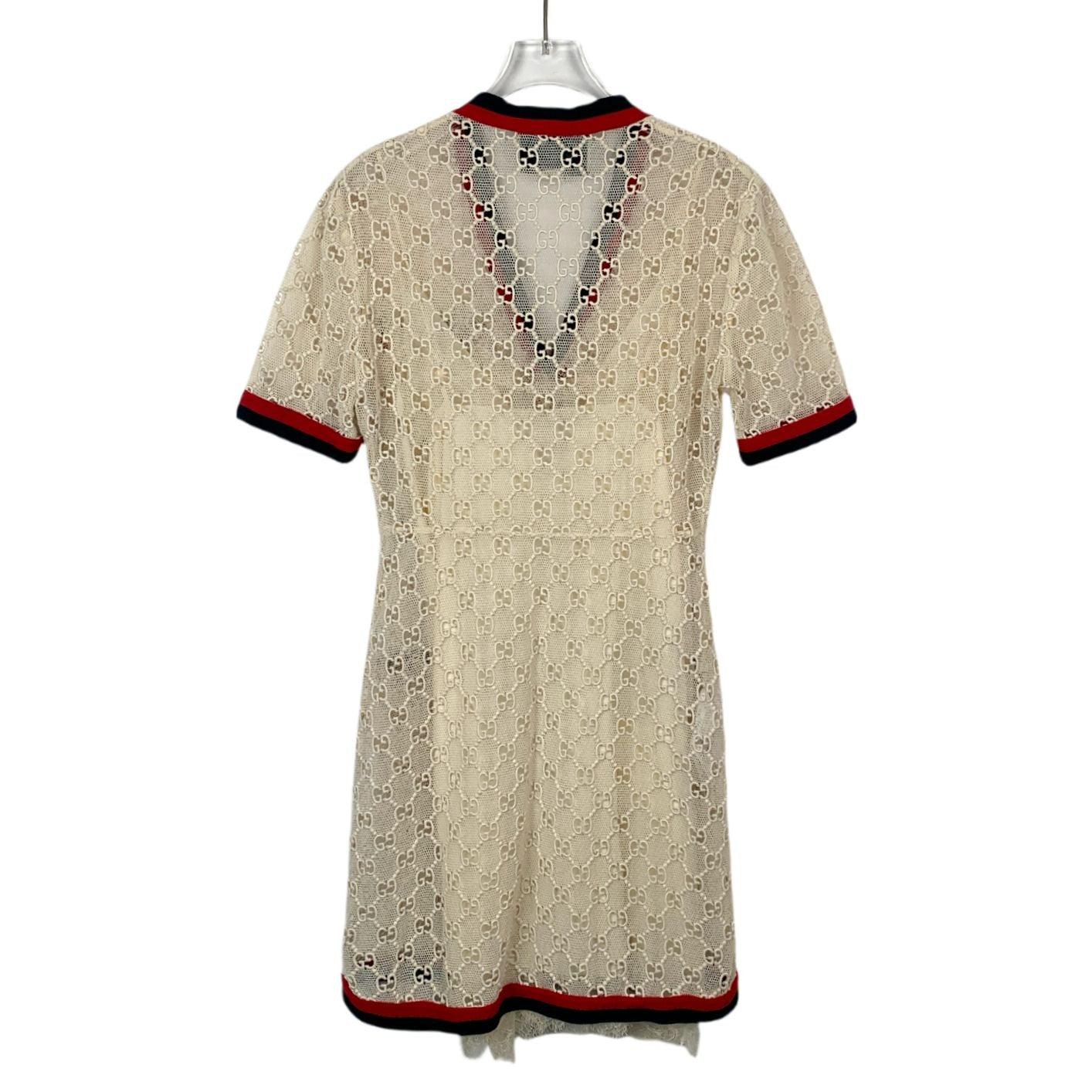 Gucci Beige Hollow-out Monogram V-neck Cotton Short Sleeve Dress (Size 38)