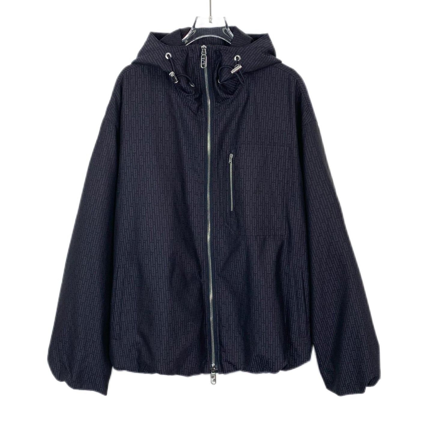 Fendi Navy Logo Letter-Print Hooded Zip Wool Jacket (Size L)