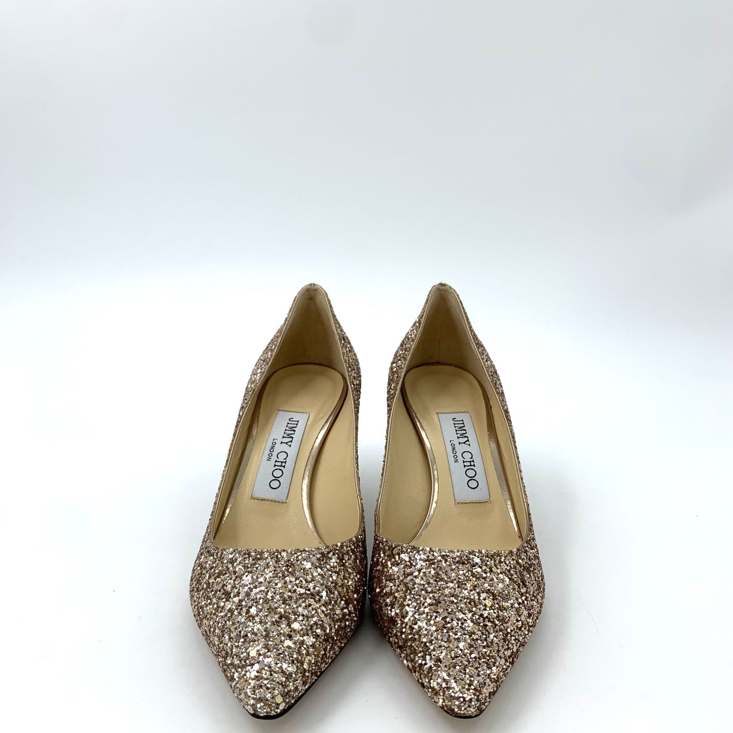 Jimmy Choo Gold Sparkling Stiletto Heels (Size 35)