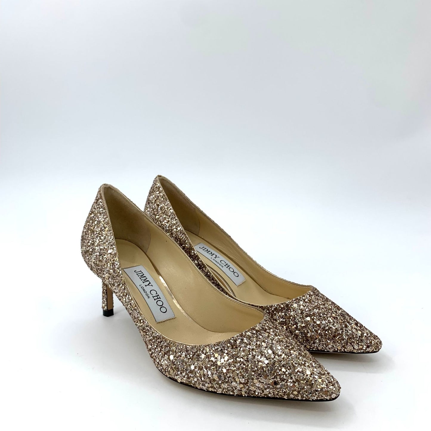 Jimmy Choo Gold Sparkling Stiletto Heels (Size 35)