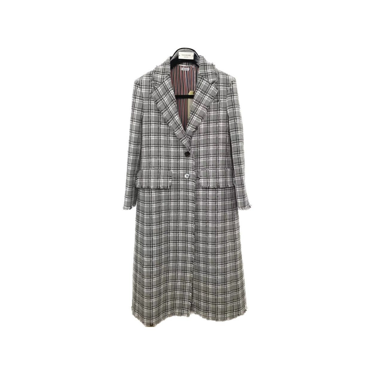 Thom Browne Grey Plaid Double Tatterstall Rubber Yarn Tweed Coat Size 40