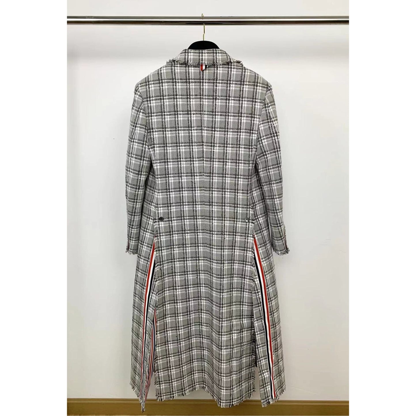 Thom Browne Grey Plaid Double Tatterstall Rubber Yarn Tweed Coat Size 40