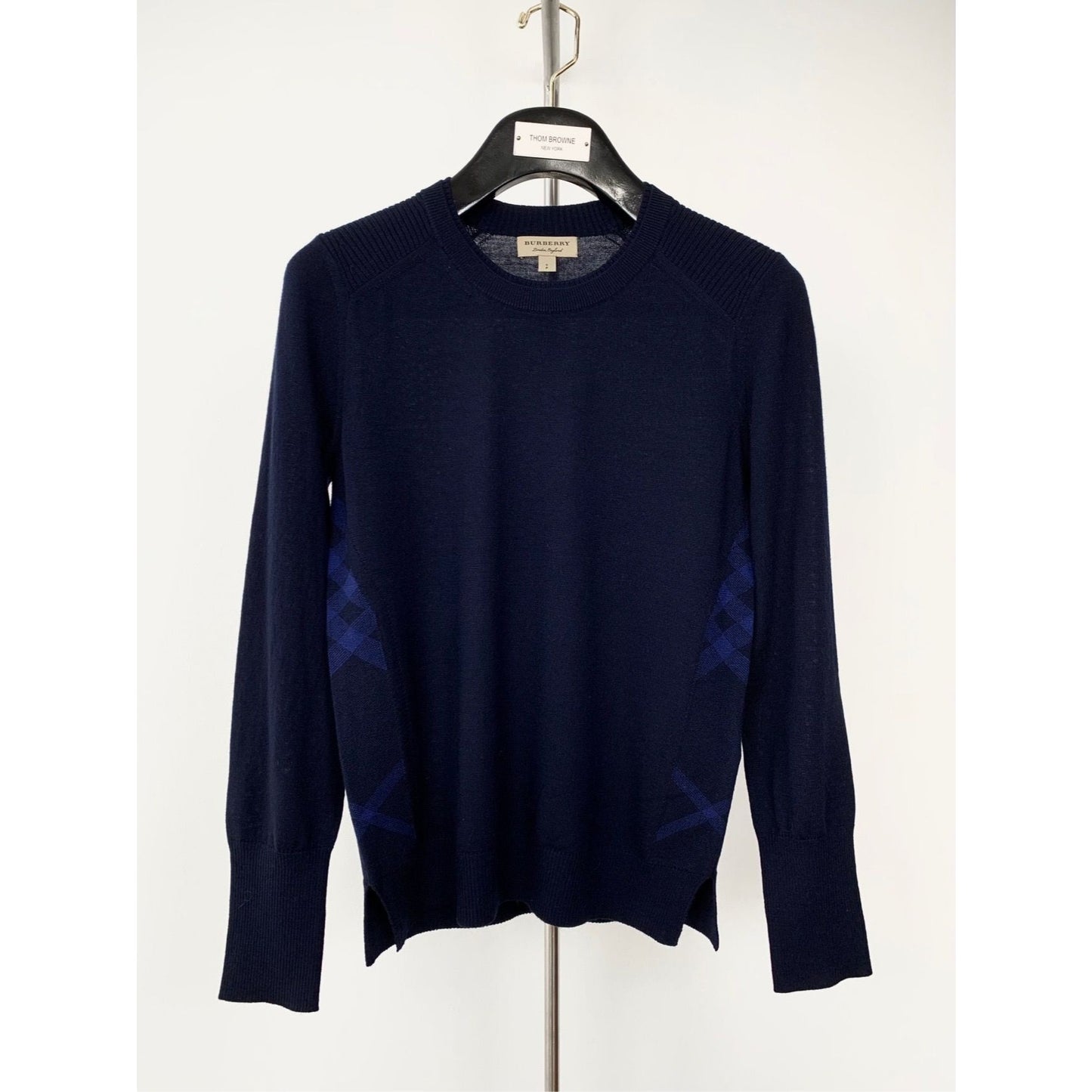 Burberry Navy Wool Crewneck Sweater Size S With Side Plaid Detail