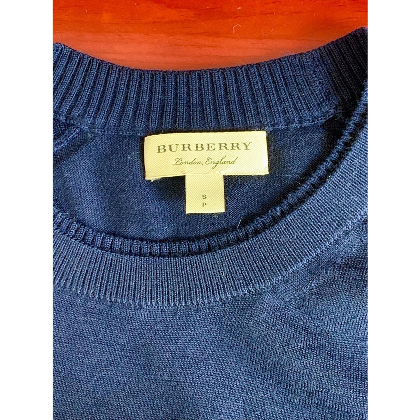 Burberry Navy Wool Crewneck Sweater Size S With Side Plaid Detail