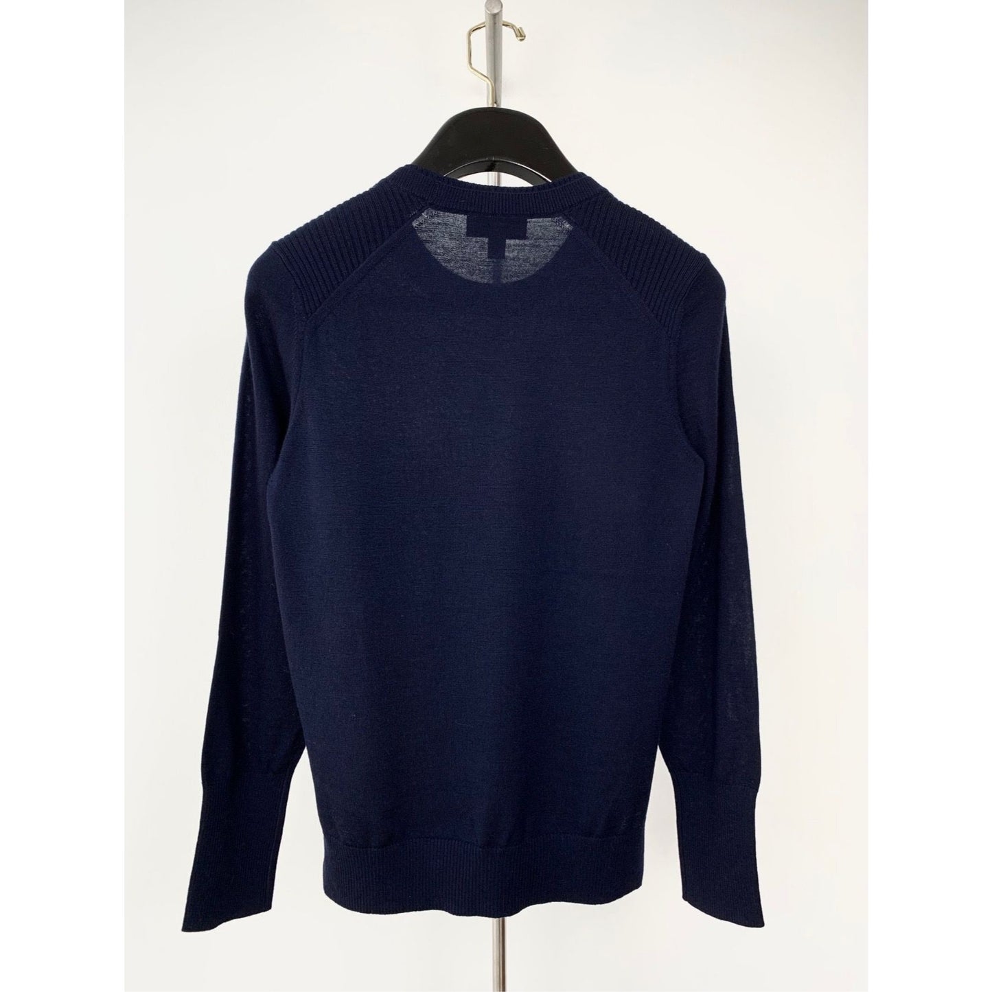 Burberry Navy Wool Crewneck Sweater Size S With Side Plaid Detail