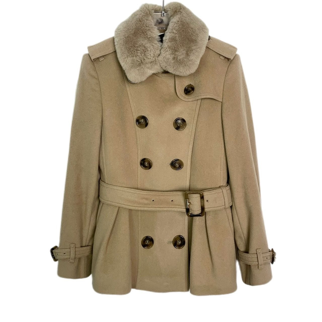 Burberry London Womens Double-Breasted Wool & Cashmere Coat With Fur Collar & Belt - Size 38 / US 6