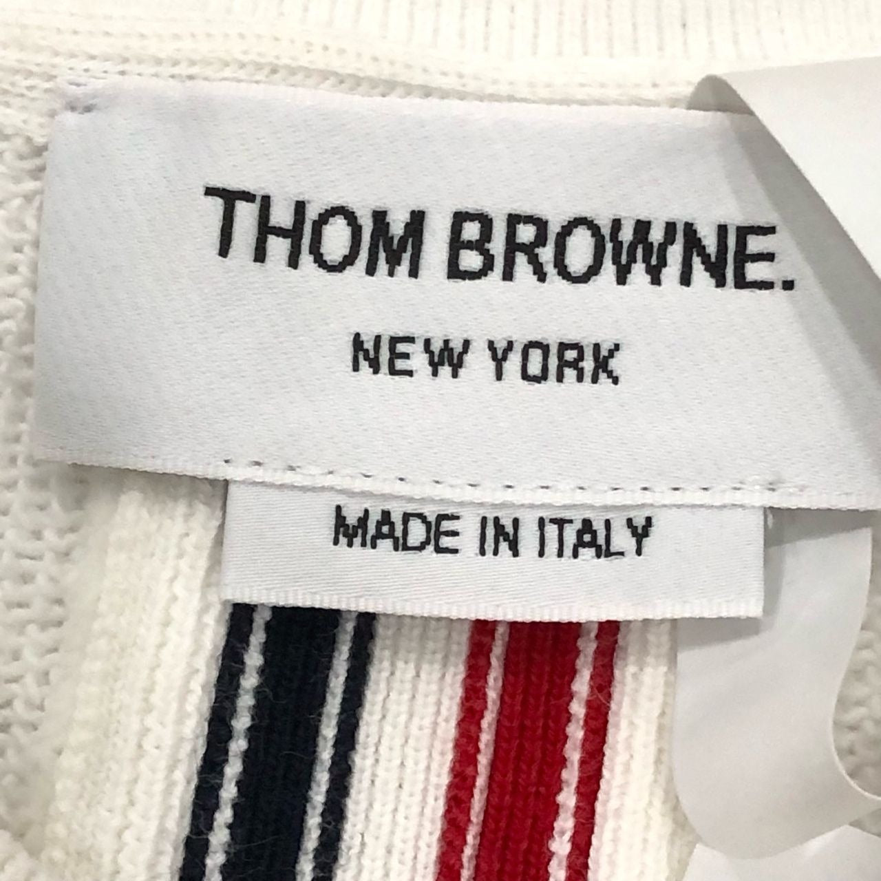 Thom Browne White Crew Neck Knit Hoodie With Back Striped Detail Size L Made In Italy