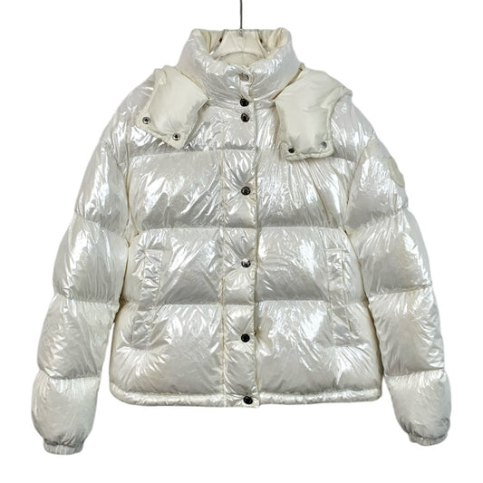 Moncler Womens Shiny Quilted Down Jacket With Hood Beige White Size 0 XS Polyester & Nylon