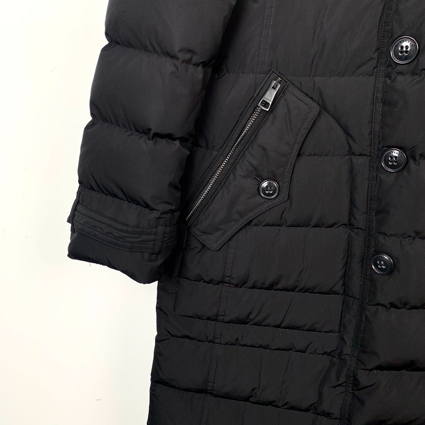 Burberry Brit Mens Black Down Jacket XL Double-Breasted Polyester Blend with Zip & Button Pockets