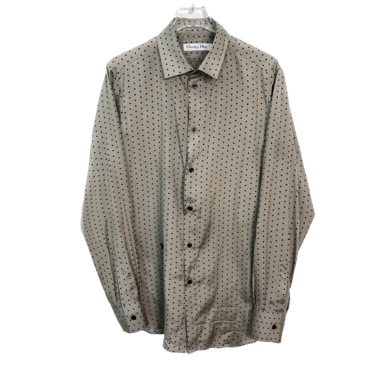 Christian Dior Mens Silk Polka Dot Long Sleeve Shirt Gray Size 42